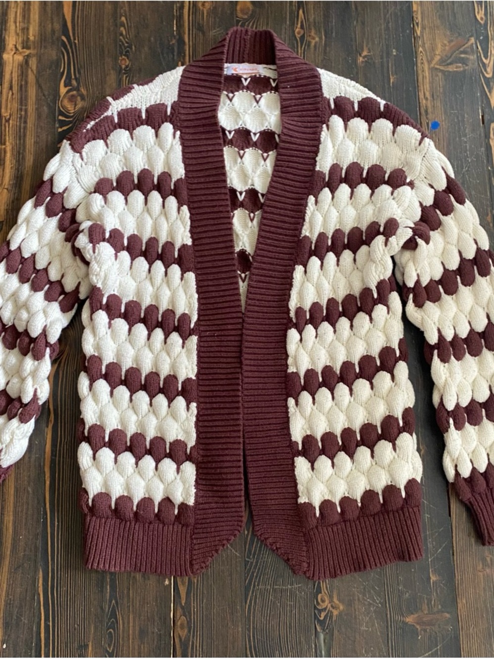 Women’s Kirundo M Cardigan Brown and Cream Open Front Cable Knit Sweater
